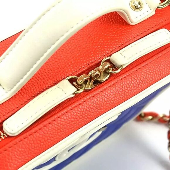 Auth CHANEL CC Filigree Handbag Shoulder Bag Red/Blue/White Leather - Picture 9 of 16